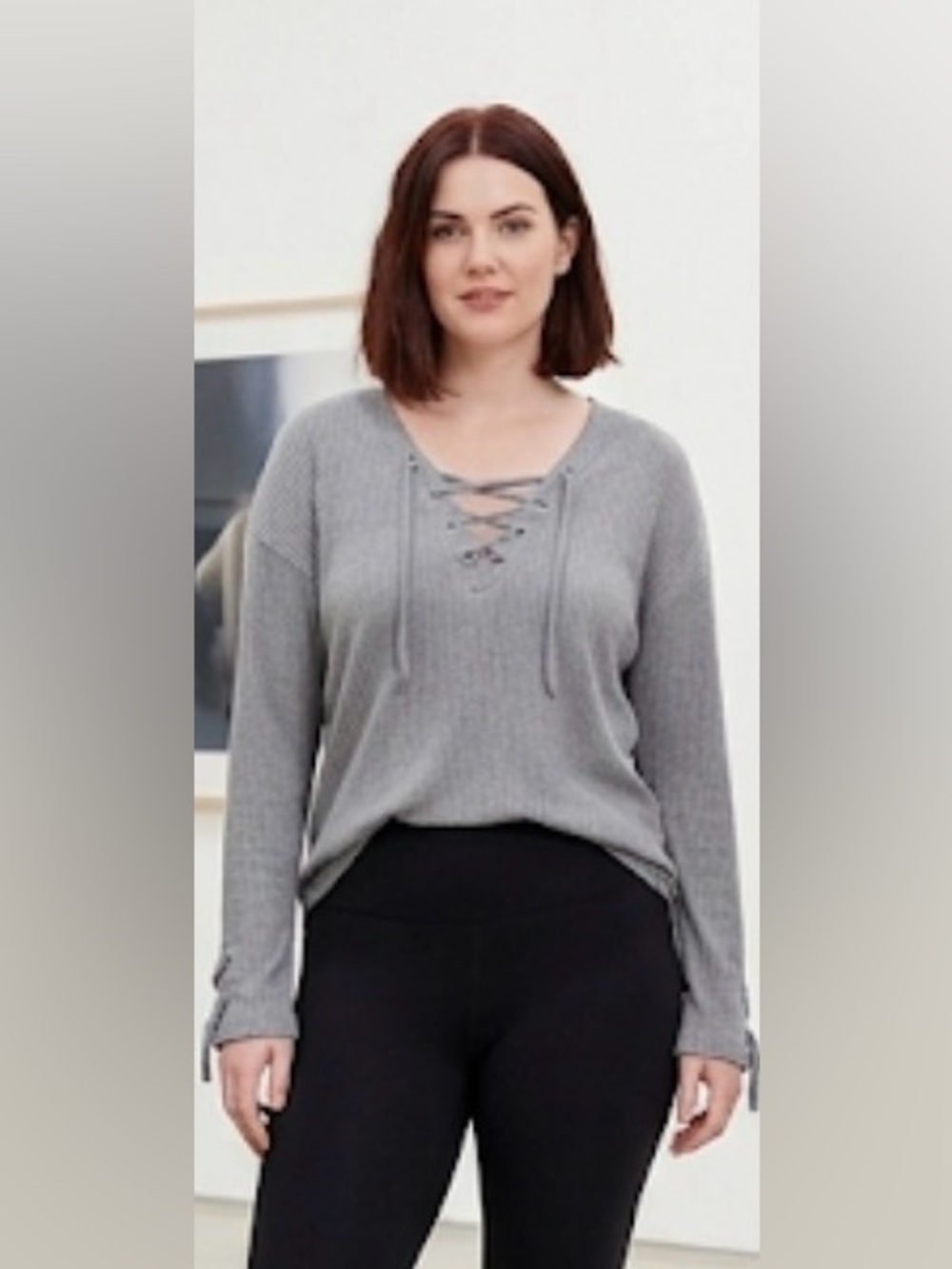 Ribbed Lace-Up V-Neck Long Sleeve Top - Gray size Xl like new, no brand name